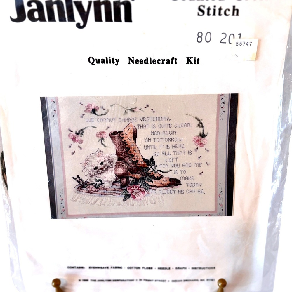 Janlynn Persian Kitten Victorian Shoe Sweet Poem Cross Stitch Kit Vtg 80s NEW